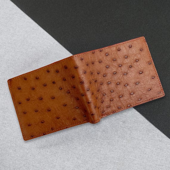 Hand-stitched Brown Ostrich Leather Wallet For Men Handmade Bifold Card holder