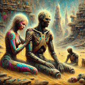 Science fiction futurystyczny wydruk artystyczny dystopijnego krajobrazu miejskiego ze zepsutymi robotami