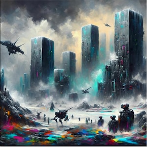 Futurystyczna dystopijna science fiction duże miasto dekoracja domu wydruk