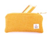 Yellow pencil case, coworker gift, hand woven HARRIS TWEED, British Birds lining, gift for bird lover