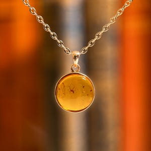 May include: A round, golden-orange amber pendant set in a simple metal frame, suspended from a delicate silver-toned metal chain. The translucent amber stone features a small, dark, organic inclusion visible within its polished, smooth surface.
