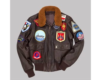 Men's Maverick T-G Cruise Pilot Flight Bomber Cowhide Real Leather Jacket-Pete Maverick Tom Cruise Leather Jacket With Embroidery Patches