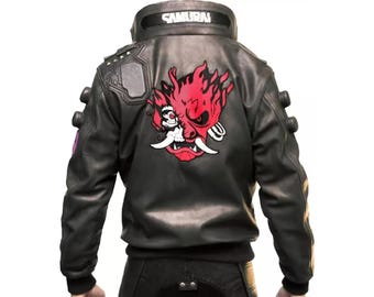 Kundenspezifische schwarze Cyberpunk 2077-inspirierte Jacke - Kundenspezifischer schwarzer Samurai-Bomber, handgefertigtes David Cosplay - Keine offizielle Marke, Gamer Streetwear