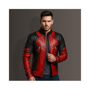 K&ouml;nnte beinhalten: Rote und schwarze Lederjacke mit Stehkragen und Rei&szlig;verschluss. Die Jacke hat schwarze Eins&auml;tze an Schultern, &Auml;rmeln und Seiten. Sie hat zwei kleine Brusttaschen und ein rotes Futter.
