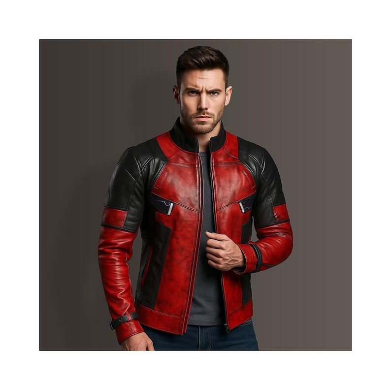 K&ouml;nnte beinhalten: Rote und schwarze Lederjacke mit Stehkragen und Rei&szlig;verschluss. Die Jacke hat schwarze Eins&auml;tze an Schultern, &Auml;rmeln und Seiten. Sie hat zwei kleine Brusttaschen und ein rotes Futter.