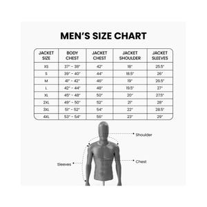 K&ouml;nnte beinhalten: Eine schwarz-wei&szlig;e Gr&ouml;&szlig;entabelle f&uuml;r Jacken mit der Aufschrift "MEN'S SIZE CHART". Die Tabelle enth&auml;lt die Ma&szlig;e f&uuml;r Jackengr&ouml;&szlig;e, Brustumfang, Jackenbrustumfang, Jackenschulter und Jacken&auml;rmel in Zoll. Eine B&uuml;ste veranschaulicht die Messpunkte.