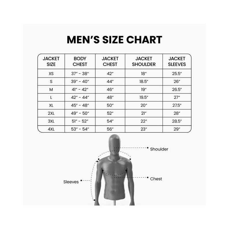 K&ouml;nnte beinhalten: Eine schwarz-wei&szlig;e Gr&ouml;&szlig;entabelle f&uuml;r Jacken mit der Aufschrift "MEN'S SIZE CHART". Die Tabelle enth&auml;lt die Ma&szlig;e f&uuml;r Jackengr&ouml;&szlig;e, Brustumfang, Jackenbrustumfang, Jackenschulter und Jacken&auml;rmel in Zoll. Eine B&uuml;ste veranschaulicht die Messpunkte.