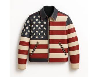 American Flag Leather Biker Jacket for Men | Stars & Stripes Motorcycle Coat | Patriotic USA Flag Leather Jacket | Gift for Him