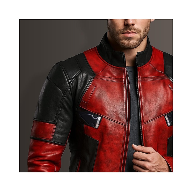 K&ouml;nnte beinhalten: Rote und schwarze Lederjacke mit Rei&szlig;verschluss. Die Jacke hat schwarze &Auml;rmel und Schulterpartien sowie rote Eins&auml;tze am Oberk&ouml;rper. Sie hat einen Stehkragen und eine taillierte Passform.