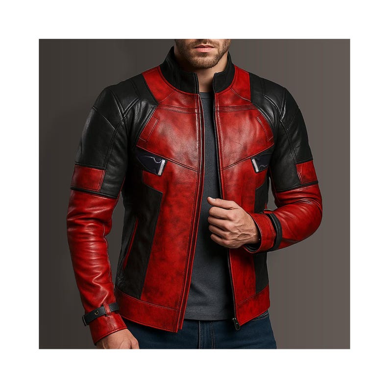 K&ouml;nnte beinhalten: Rote und schwarze Lederjacke mit Stehkragen und Rei&szlig;verschluss. Die Jacke hat schwarze Eins&auml;tze an Schultern und &Auml;rmeln, mit roten Eins&auml;tzen am Torso. Die Jacke hat ein tailliertes Design und einen modernen Look.
