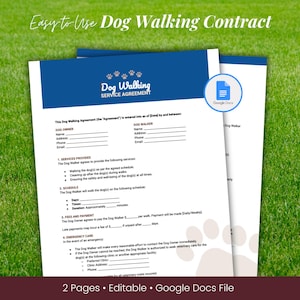 Könnte beinhalten: Eine druckbare Vorlage für einen Hunde-Gassigang-Vertrag im Google Docs-Format. Der Vertrag enthält Abschnitte für die Informationen des Hundehalters und des Hundespaziergängers, die erbrachten Leistungen, den Zeitplan, die Gebühren und die Zahlung sowie die Notfallversorgung.