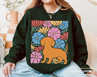 Cottagecore Dachshund Sweatshirt, Floral Doxie Sweater, Boho Gift for Dog Mom, 60s Plant Lover Sweater, 70s Colorful Wiener Dog Sweatshirt