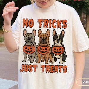 Camiseta vintage de Halloween con bulldog francés, camiseta retro de Frenchie para truco o trato, regalo para mamá perruna, divertida camiseta para papá perruno con colores cómodos para mascotas