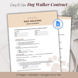 Puede incluir: Una plantilla de contrato de servicio de paseo de perros imprimible en formato Google Docs. El contrato incluye secciones para la información del dueño del perro y del paseador de perros, los servicios prestados, el horario, las tarifas y el pago, y la atención de emergencia.