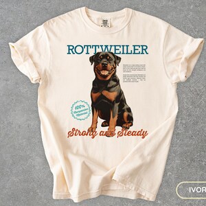 May include: Ivory-colored t-shirt featuring a Rottweiler dog illustration. The text "ROTTWEILER" is above the dog, with "Strong and Steady" below. A circular graphic reads "100% Comfy and Materials".