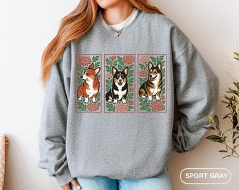 Cottagecore Welsh Corgi Sweater, Floral Corgi Sweatshirt Gift for Dog Mom, Dog Dad Gift, Boho Pet Owner Pajama Top for Corgi Lover Crewneck