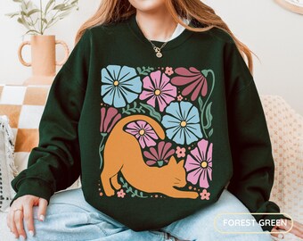Cottagecore Orange Cat Sweatshirt: Floral 70s Style Jumper