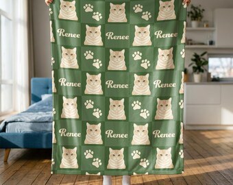 Custom Cat Fleece Blanket, Personalized Checkered Pet Throw, Soft Cozy Cat Lover Gift, Cottagecore Pet Memorial Blanket, Living Room Decor