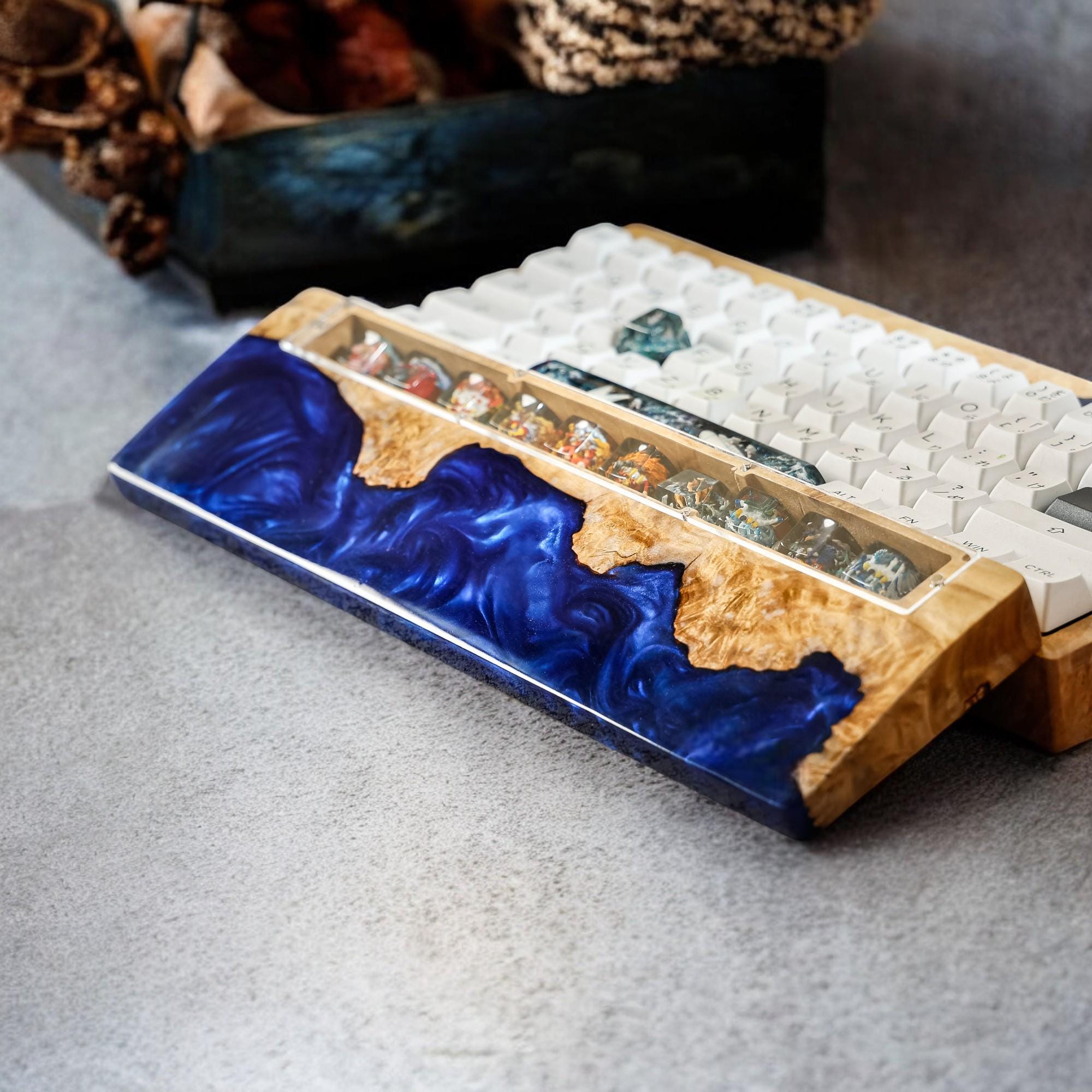 Artisan Resin Wood Wrist Rest With Keycap Display: Keyboard Desk
