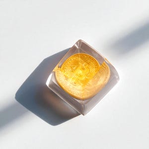 May include: A gold Bitcoin coin set within a clear, rectangular resin block. The coin is centrally positioned, and the image is set against a white background with a shadow.