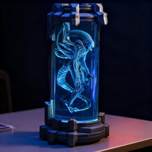 May include: A blue Xenomorph figure encased in a cylindrical container with a blue glow. The container has a dark gray base and top, with a detailed design. The alien has a long tail and is in a standing position.