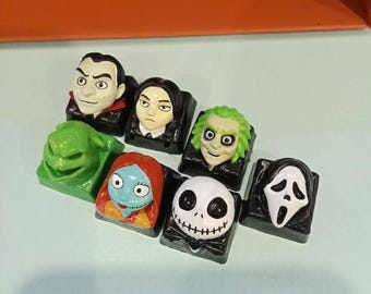 Halloween Anime Keycaps Set, Handmade Artisan Resin Keycaps, Spooky Horror Characters, Mechanical Keyboard Gift
