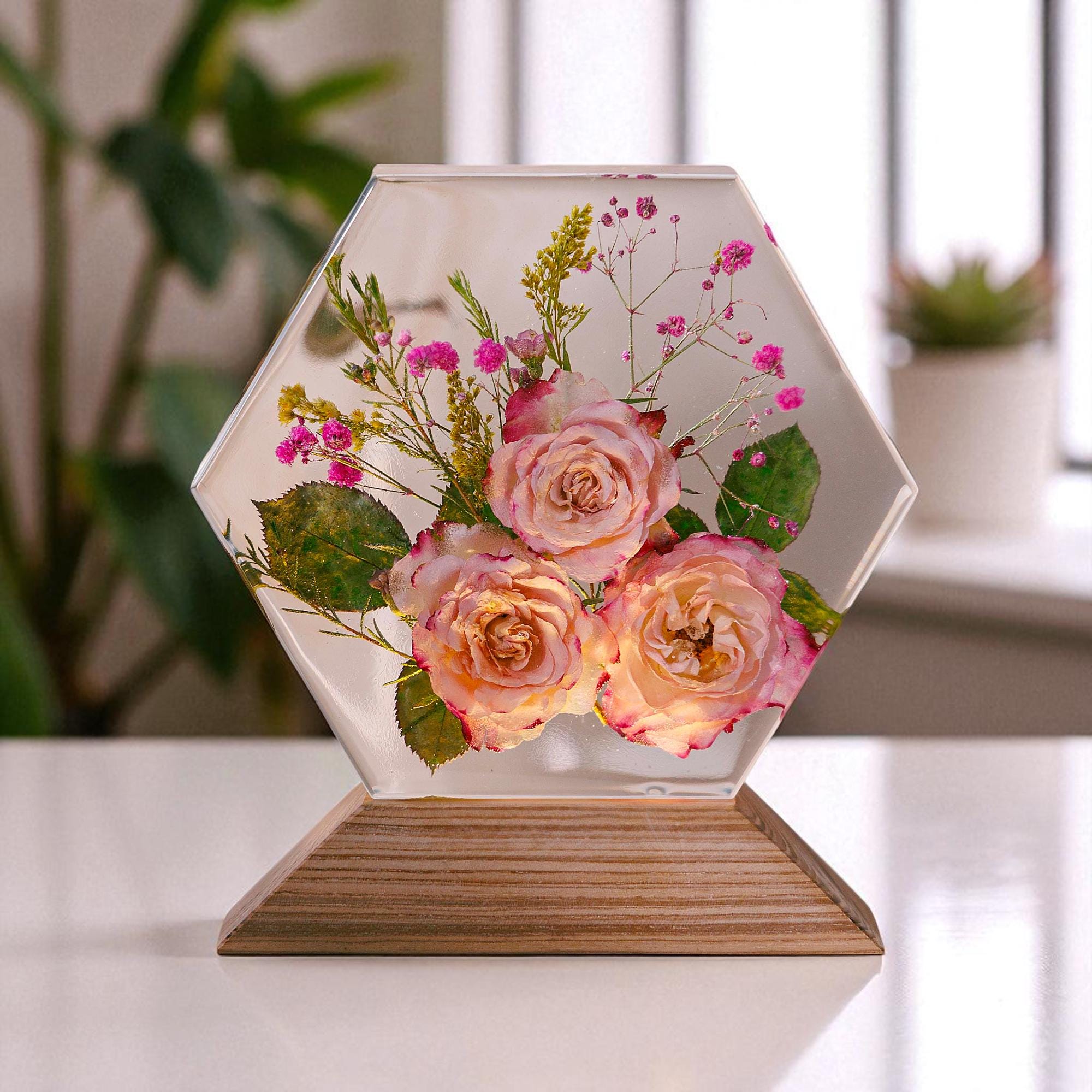 Handmade Hexagon Rose Resin Lamp: Floral Accent Light