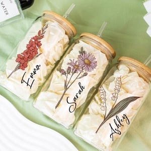 Personalized Iced Coffee Cup, 16oz Glass Cup, Custom Birth Flower Tumbler with Lid and Straw, Bridesmaid Gift, Bridesmaid Proposal