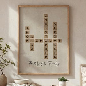 Placa de nome de família personalizada, impressão de azulejo com letras de família personalizadas, impressão de palavras cruzadas de Scrabble, quebra-cabeça de nomes, placa de sobrenome, presentes para melhores amigos