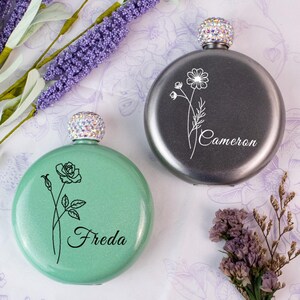 Round Womens Flask Personalized with Name, Shimmery Flask with Rhinestone Cap, Bridesmaid Gifts, Gifts for Her, Bachelorette Party Favor