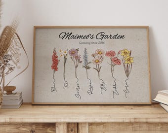 Mormors trädgårdsblommatryck för mormor, födelseblombukett, barnbarnsnamn, personlig julklapp till mormor, digital konst