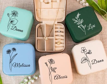 Personalized Jewelry Case, Engraved Jewelry Case for Bridesmaid, Travel Jewelry Box, Custom Name Birth Flower Jewelry Box, Bridesmaids Gift