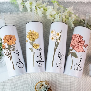 Geburtsblume Skinny Becher, Brautjungfer Becher mit Stroh, Geschenk für Sie, Benutzerdefinierte 20 Unzen Becher, Hochzeitsgeschenk, Geburtstagsgeschenk