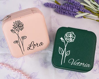 Personalized Jewelry Case, Engraved Jewelry Case for Bridesmaid, Travel Jewelry Box, Custom Name Birth Flower Jewelry Box, Bridesmaids Gift
