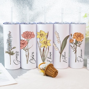 Personalized 20oz Stainless Steel Tumblers, Birth Flower Tumbler, Custom Insulated Travel Mugs, Bridesmaid Gift, Birthday Gifts For Her