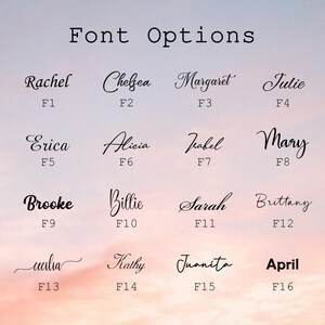 May include: A chart titled Font Options displaying sixteen distinct black typography styles labeled F1 through F16. Each entry features a unique name written in a specific script or serif font, set against a soft, gradient pink and blue sky background.