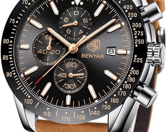 BENYAR Men's Watch Brown Leather Strap Chronograph Quartz Watch Men Date Calendar Waterproof Wristwatch Men Sport with Blue/Black