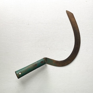 Early 15” Hand Held Sickle - Pinned And Painted Green Hickory (?) Handle - Handle At 20 Degrees