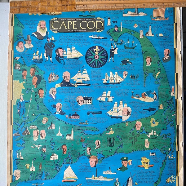 1966 Pictorial Historical Map of Cape Cod, Massachusetts by Paul Giambarba - 18" x 24" - Copyright Scrimshaw Publishing