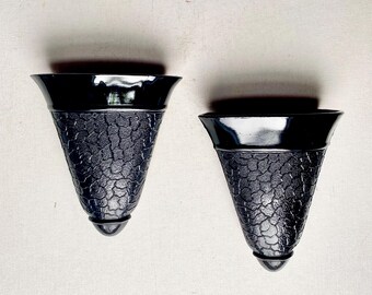 Pair Antique Pressed Black Amythest Glass Wall Pocket Vase Planter by Imperial, Jeanette or L.E. Smith Glass Company