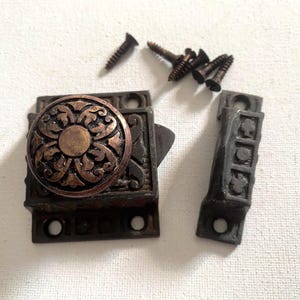 Antique Eastlake Aesthetic Cast Iron Cabinet Latch with Catch or Keeper - Bronze Knob - Original Screws - Pat. June 10, 1890 - Works Great