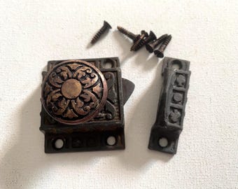 Antique Eastlake Aesthetic Cast Iron Cabinet Latch with Catch or Keeper - Bronze Knob - Original Screws - Pat. June 10, 1890 - Works Great