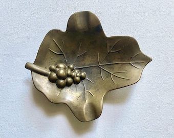 Vintage Solid Brass Grape Leaf Ashtray - Unmarked