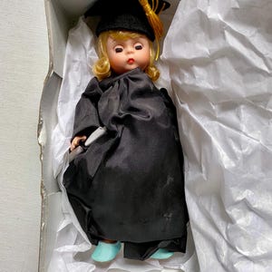 Vintage Madame Alexander 8&quot; Blonde Hair Blue Eyed Graduation Doll 307 with Original Box - Black Gown and Mortar Board - Ex. Condition