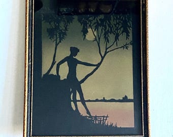 Naked Woman Dipping Toe in Water - Art Deco Silhouette Style Lithograph - 12” x 15” Frame with Glass - Unsigned or Marked
