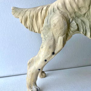 May include: A cream-colored, vintage-style dog sculpture, showcasing the hindquarters and a portion of the tail. The sculpture has a textured surface with visible details and dark spots. The dog's leg is slightly bent, suggesting movement.