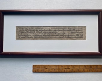 Framed Antique Bhutan or Tibet Buddhist Woodblock Printed Prayer Sheet Manuscript Leaf - Sanskrit Mantras Written in Tibetan Script