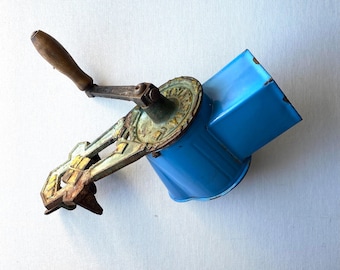 Antique HELVITA Robin Egg Blue Enamel Crank Grater - Farmhouse Decor - Missing Wood Push Block