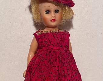 Vintage 9 1/2" Circle P Hard Plastic Body - Soft Vinyl Rubber Head - Homemade (?) Dress and Hat - Undergarments - High Heels - Lazy Eyelid