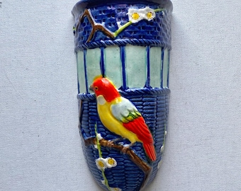 Vintage Ceramic Majolica Style Parrot on Branch Cobalt Blue Wall Pocket Vase - Incised Made in Japan - 4” Wide by 7 1/4” Tall by 2 1/2” Deep